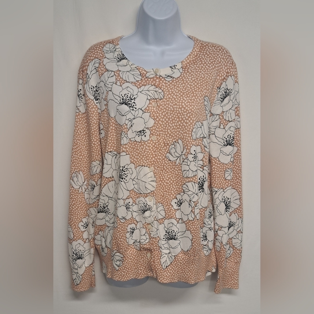 Lands End L 100% Supima Cotton Long Sleeve Cardigan Sweater Floral Stretch